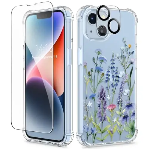 GVIEWIN for iPhone 14 Plus Case Floral, with Screen Protector&Camera Lens Protector,[Non Yellowing] Soft Shockproof Clear Phone Protective Cover Women, Flower Pattern Design 6.7