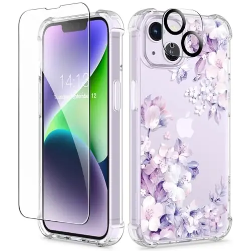 GVIEWIN for iPhone 14 Plus Case Floral, with Screen Protector&Camera Lens Protector,[Non Yellowing]Soft Shockproof Clear Phone Protective Cover for Women, Flower Pattern Design 6.7