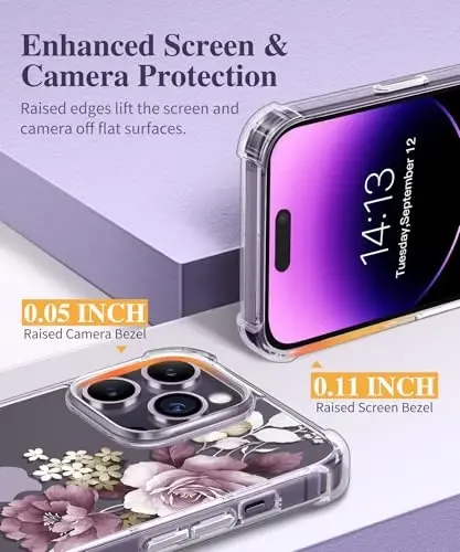 GVIEWIN for iPhone 14 Pro Case Floral, with Screen Protector&Camera Lens Protector,[Non Yellowing] Slim Shockproof Clear Phone Protective Cover for Women, Flower Pattern Design 6.1