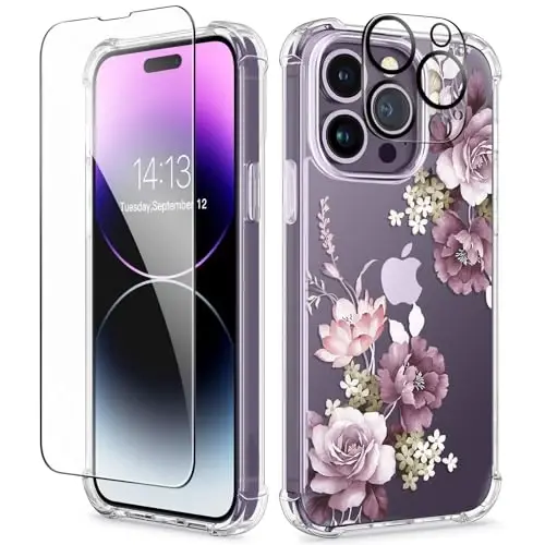 GVIEWIN for iPhone 14 Pro Case Floral, with Screen Protector&Camera Lens Protector,[Non Yellowing] Slim Shockproof Clear Phone Protective Cover for Women, Flower Pattern Design 6.1