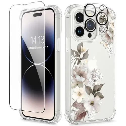 GVIEWIN for iPhone 14 Pro Case Floral, with Screen Protector&Camera Lens Protector,[Non Yellowing] Slim Shockproof Clear Phone Protective Cover for Women, Flower Pattern Design 6.1