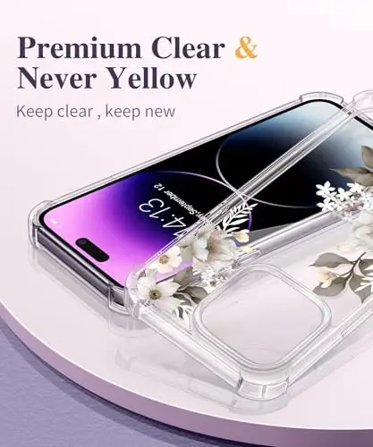 GVIEWIN for iPhone 14 Pro Case Floral, with Screen Protector&Camera Lens Protector,[Non Yellowing] Slim Shockproof Clear Phone Protective Cover for Women, Flower Pattern Design 6.1