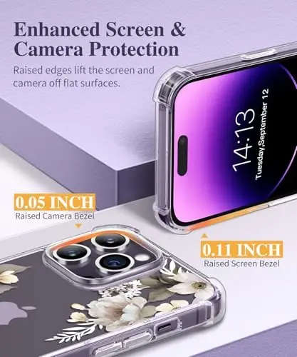 GVIEWIN for iPhone 14 Pro Case Floral, with Screen Protector&Camera Lens Protector,[Non Yellowing] Slim Shockproof Clear Phone Protective Cover for Women, Flower Pattern Design 6.1