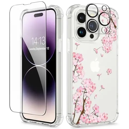 GVIEWIN for iPhone 14 Pro Case Floral, with Screen Protector&Camera Lens Protector,[Non Yellowing] Slim Shockproof Clear Phone Protective Cover for Women, Flower Pattern Design 6.1
