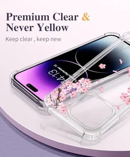 GVIEWIN for iPhone 14 Pro Case Floral, with Screen Protector&Camera Lens Protector,[Non Yellowing] Slim Shockproof Clear Phone Protective Cover for Women, Flower Pattern Design 6.1