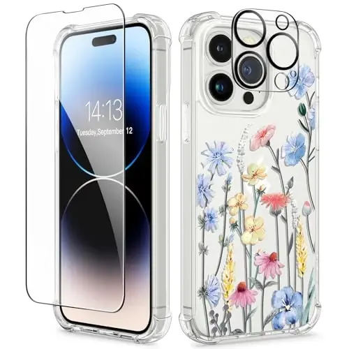 GVIEWIN for iPhone 14 Pro Max Case Floral, with Screen Protector&Camera Lens Protector,[Non Yellowing] Soft Shockproof Clear Phone Protective Cover for Women, Flower Pattern 6.7