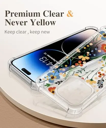 GVIEWIN for iPhone 14 Pro Max Case Floral, with Screen Protector&Camera Lens Protector,[Non Yellowing] Soft Shockproof Clear Phone Protective Cover for Women, Flower Pattern 6.7