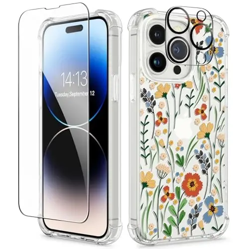 GVIEWIN for iPhone 14 Pro Max Case Floral, with Screen Protector&Camera Lens Protector,[Non Yellowing] Soft Shockproof Clear Phone Protective Cover for Women, Flower Pattern 6.7