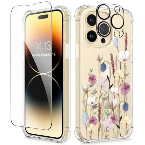 GVIEWIN for iPhone 14 Pro Max Case Floral, with Screen Protector&Camera Lens Protector,[Non Yellowing] Soft Shockproof Clear Phone Protective Cover for Women, Flower Pattern 6.7