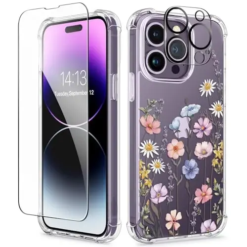 GVIEWIN for iPhone 14 Pro Max Case Floral, with Screen Protector&Camera Lens Protector,[Non Yellowing] Soft Shockproof Clear Phone Protective Cover for Women, Flower Pattern 6.7