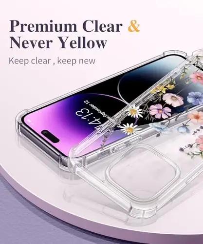 GVIEWIN for iPhone 14 Pro Max Case Floral, with Screen Protector&Camera Lens Protector,[Non Yellowing] Soft Shockproof Clear Phone Protective Cover for Women, Flower Pattern 6.7