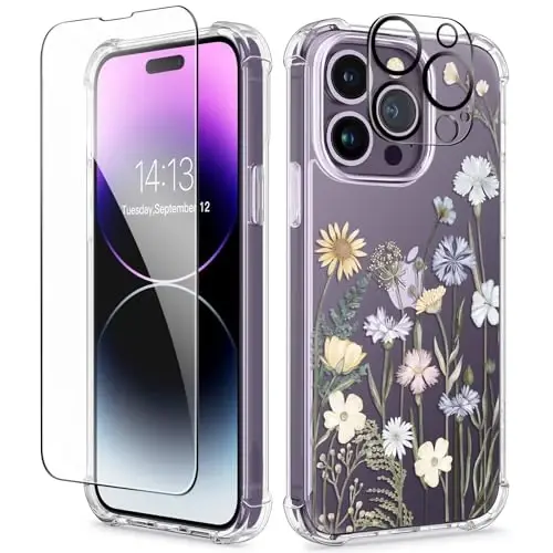GVIEWIN for iPhone 14 Pro Max Case Floral, with Screen Protector&Camera Lens Protector,[Non Yellowing] Soft Shockproof Clear Phone Protective Cover for Women, Flower Pattern 6.7