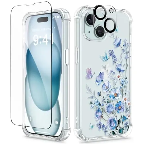 GVIEWIN for iPhone 15 Case Floral, Screen Protector & Camera Lens Protector | Non Yellowing, Soft Shockproof Clear Protective Phone Cover for Women, Flower Pattern Design 6.1
