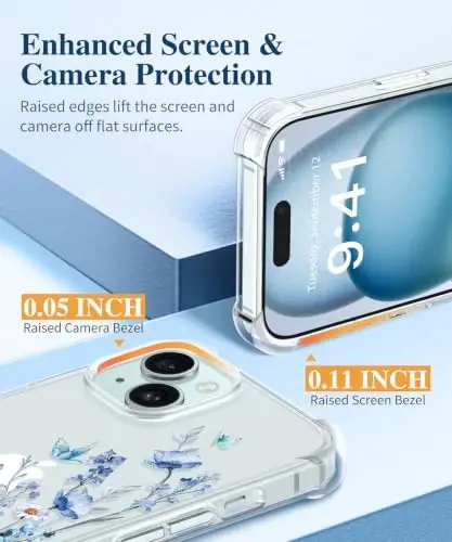 GVIEWIN for iPhone 15 Case Floral, Screen Protector & Camera Lens Protector | Non Yellowing, Soft Shockproof Clear Protective Phone Cover for Women, Flower Pattern Design 6.1