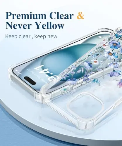 GVIEWIN for iPhone 15 Case Floral, Screen Protector & Camera Lens Protector | Non Yellowing, Soft Shockproof Clear Protective Phone Cover for Women, Flower Pattern Design 6.1