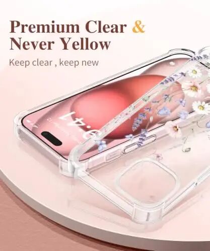 GVIEWIN for iPhone 15 Case Floral, Screen Protector & Camera Lens Protector | Non Yellowing, Soft Shockproof Clear Protective Phone Cover for Women, Flower Pattern Design 6.1
