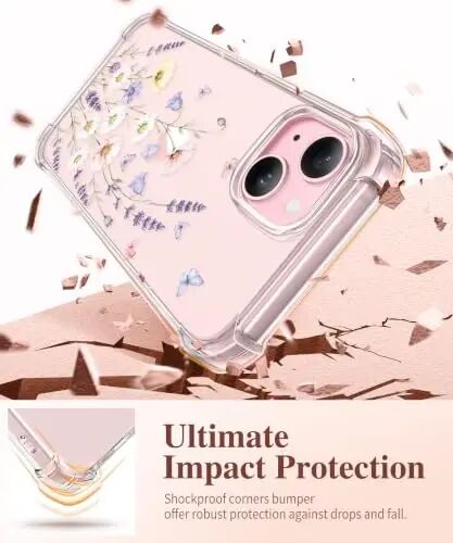 GVIEWIN for iPhone 15 Case Floral, Screen Protector & Camera Lens Protector | Non Yellowing, Soft Shockproof Clear Protective Phone Cover for Women, Flower Pattern Design 6.1