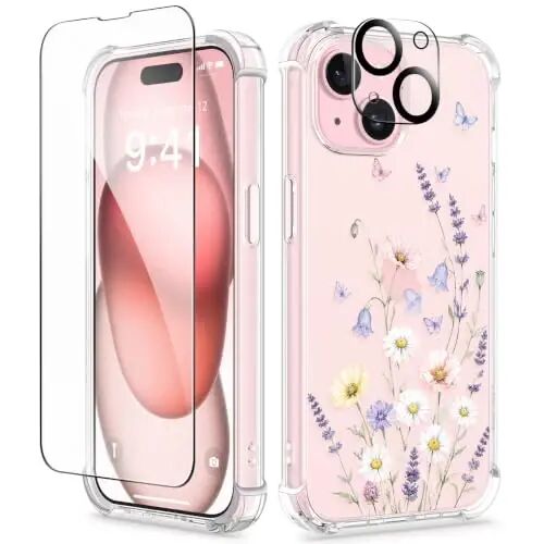 GVIEWIN for iPhone 15 Case Floral, Screen Protector & Camera Lens Protector | Non Yellowing, Soft Shockproof Clear Protective Phone Cover for Women, Flower Pattern Design 6.1