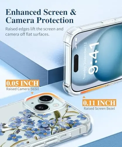 GVIEWIN for iPhone 15 Case Floral, with Screen Protector&Camera Lens Protector,[Non Yellowing] Soft Shockproof Clear Phone Protective Cover for Women, Flower Pattern Design 6.1