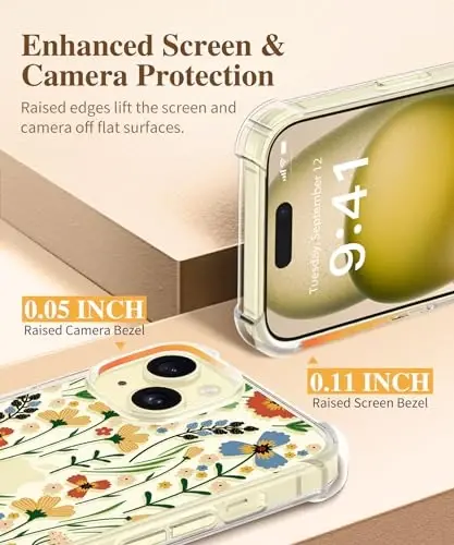 GVIEWIN for iPhone 15 Case Floral, with Screen Protector&Camera Lens Protector,[Non Yellowing] Soft Shockproof Clear Phone Protective Cover for Women, Flower Pattern Design 6.1