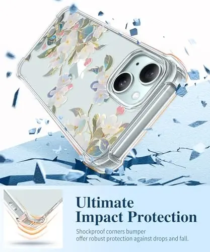 GVIEWIN for iPhone 15 Case Floral, with Screen Protector&Camera Lens Protector,[Non Yellowing] Soft Shockproof Clear Phone Protective Cover for Women, Flower Pattern Design 6.1