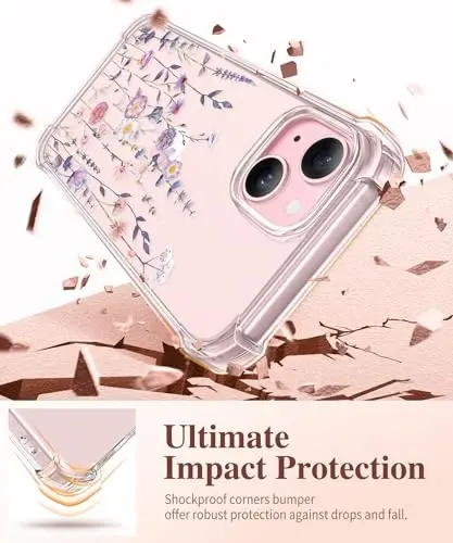 GVIEWIN for iPhone 15 Case Floral, with Screen Protector&Camera Lens Protector,[Non Yellowing] Soft Shockproof Clear Phone Protective Cover for Women, Flower Pattern Design 6.1