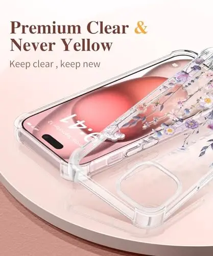 GVIEWIN for iPhone 15 Case Floral, with Screen Protector&Camera Lens Protector,[Non Yellowing] Soft Shockproof Clear Phone Protective Cover for Women, Flower Pattern Design 6.1