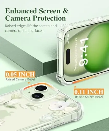 GVIEWIN for iPhone 15 Case Floral, with Screen Protector&Camera Lens Protector,[Non Yellowing] Soft Shockproof Clear Phone Protective Cover for Women, Flower Pattern Design 6.1
