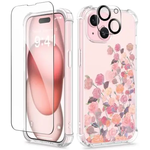GVIEWIN for iPhone 15 Case Floral, with Screen Protector&Camera Lens Protector,[Non Yellowing] Soft Shockproof Clear Phone Protective Cover for Women, Flower Pattern Design 6.1