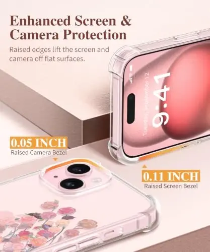 GVIEWIN for iPhone 15 Case Floral, with Screen Protector&Camera Lens Protector,[Non Yellowing] Soft Shockproof Clear Phone Protective Cover for Women, Flower Pattern Design 6.1