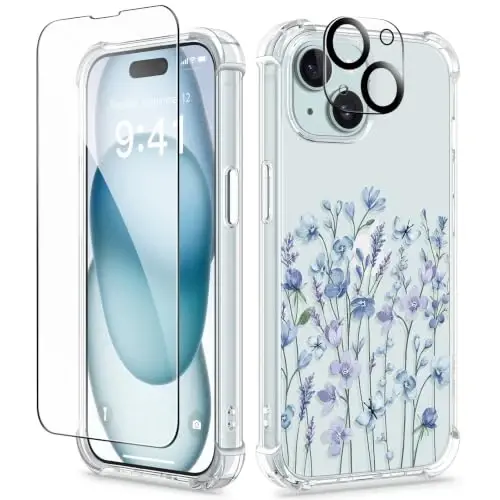 GVIEWIN for iPhone 15 Plus Case Floral, Screen Protector & Lens Protector | Non Yellowing, Soft Shockproof Clear Phone Protective Cover for Women, Flower Pattern Design 6.7