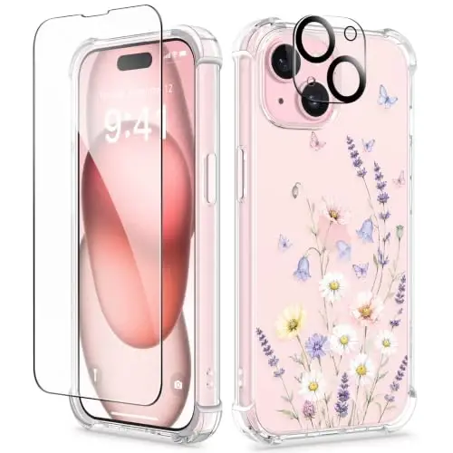 GVIEWIN for iPhone 15 Plus Case Floral, Screen Protector & Lens Protector | Non Yellowing, Soft Shockproof Clear Phone Protective Cover for Women, Flower Pattern Design 6.7