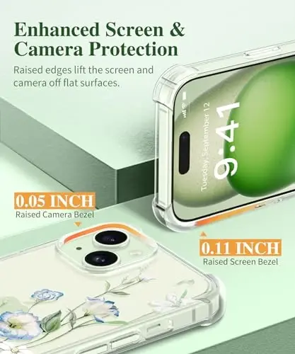 GVIEWIN for iPhone 15 Plus Case Floral, with Screen Protector&Camera Lens Protector,[Non Yellowing] Soft Shockproof Clear Phone Protective Cover for Women, Flower Pattern Design 6.7