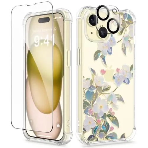 GVIEWIN for iPhone 15 Plus Case Floral, with Screen Protector&Camera Lens Protector,[Non Yellowing] Soft Shockproof Clear Phone Protective Cover for Women, Flower Pattern Design 6.7