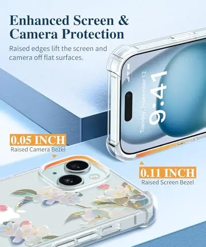 GVIEWIN for iPhone 15 Plus Case Floral, with Screen Protector&Camera Lens Protector,[Non Yellowing] Soft Shockproof Clear Phone Protective Cover for Women, Flower Pattern Design 6.7