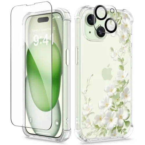GVIEWIN for iPhone 15 Plus Case Floral, with Screen Protector&Camera Lens Protector,[Non Yellowing] Soft Shockproof Clear Phone Protective Cover for Women, Flower Pattern Design 6.7