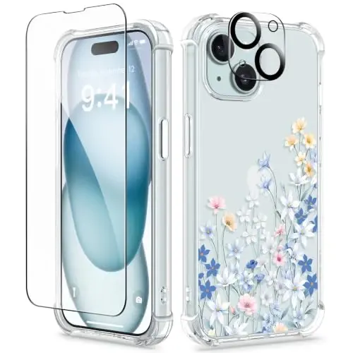 GVIEWIN for iPhone 15 Plus Case Floral, with Screen Protector&Camera Lens Protector,[Non Yellowing] Soft Shockproof Clear Phone Protective Cover for Women, Flower Pattern Design 6.7