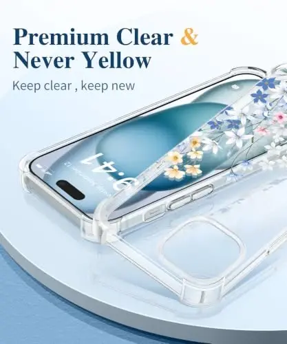 GVIEWIN for iPhone 15 Plus Case Floral, with Screen Protector&Camera Lens Protector,[Non Yellowing] Soft Shockproof Clear Phone Protective Cover for Women, Flower Pattern Design 6.7