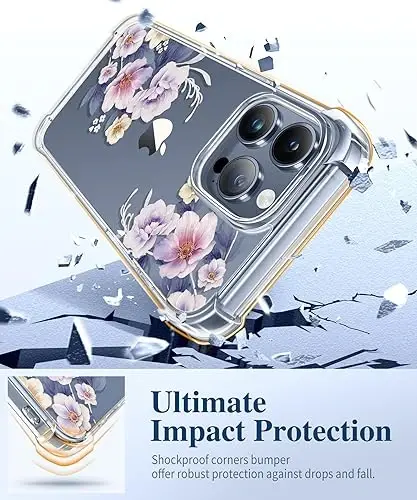 GVIEWIN for iPhone 15 Pro Case Floral, with Screen Protector&Camera Lens Protector,[Non Yellowing] Slim Shockproof Clear Phone Protective Cover for Women, Flower Pattern 6.1