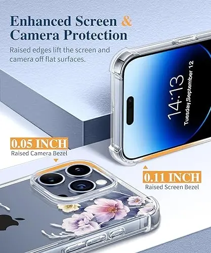 GVIEWIN for iPhone 15 Pro Case Floral, with Screen Protector&Camera Lens Protector,[Non Yellowing] Slim Shockproof Clear Phone Protective Cover for Women, Flower Pattern 6.1