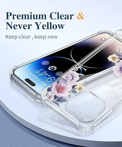 GVIEWIN for iPhone 15 Pro Case Floral, with Screen Protector&Camera Lens Protector,[Non Yellowing] Slim Shockproof Clear Phone Protective Cover for Women, Flower Pattern 6.1