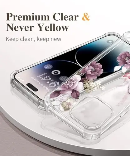 GVIEWIN for iPhone 15 Pro Case Floral, with Screen Protector&Camera Lens Protector,[Non Yellowing] Slim Shockproof Clear Phone Protective Cover for Women, Flower Pattern 6.1