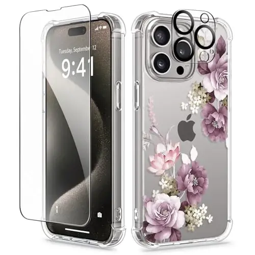 GVIEWIN for iPhone 15 Pro Case Floral, with Screen Protector&Camera Lens Protector,[Non Yellowing] Slim Shockproof Clear Phone Protective Cover for Women, Flower Pattern 6.1
