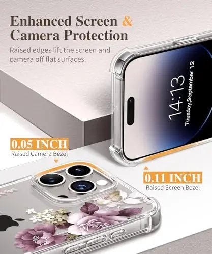GVIEWIN for iPhone 15 Pro Case Floral, with Screen Protector&Camera Lens Protector,[Non Yellowing] Slim Shockproof Clear Phone Protective Cover for Women, Flower Pattern 6.1