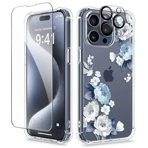 GVIEWIN for iPhone 15 Pro Case Floral, with Screen Protector&Camera Lens Protector,[Non Yellowing] Slim Shockproof Clear Phone Protective Cover for Women, Flower Pattern 6.1