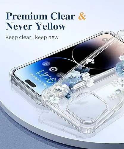 GVIEWIN for iPhone 15 Pro Case Floral, with Screen Protector&Camera Lens Protector,[Non Yellowing] Slim Shockproof Clear Phone Protective Cover for Women, Flower Pattern 6.1