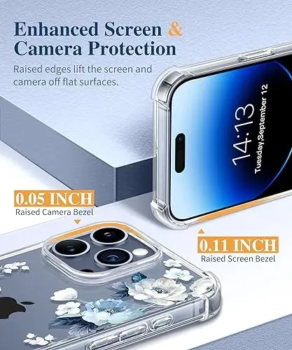 GVIEWIN for iPhone 15 Pro Case Floral, with Screen Protector&Camera Lens Protector,[Non Yellowing] Slim Shockproof Clear Phone Protective Cover for Women, Flower Pattern 6.1