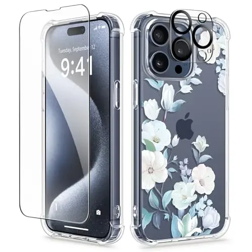 GVIEWIN for iPhone 15 Pro Case Floral, with Screen Protector&Camera Lens Protector,[Non Yellowing] Slim Shockproof Clear Phone Protective Cover for Women, Flower Pattern Design 6.1