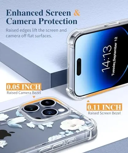 GVIEWIN for iPhone 15 Pro Case Floral, with Screen Protector&Camera Lens Protector,[Non Yellowing] Slim Shockproof Clear Phone Protective Cover for Women, Flower Pattern Design 6.1