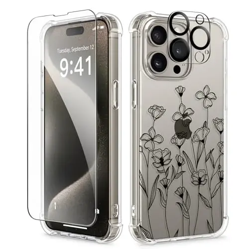 GVIEWIN for iPhone 15 Pro Case Floral, with Screen Protector&Camera Lens Protector,[Non Yellowing] Slim Shockproof Clear Phone Protective Cover for Women, Flower Pattern Design 6.1